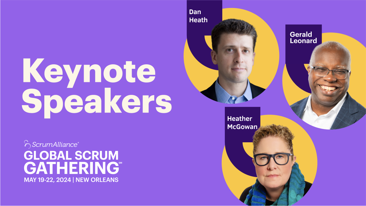 An announcement showing the photos of the keynote speakers for Global Scrum Gathering 2024 New Orleans